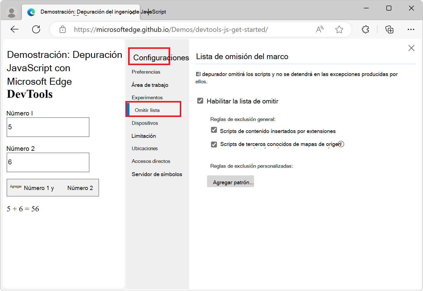 Adición de un script a la lista omitir desde la configuración