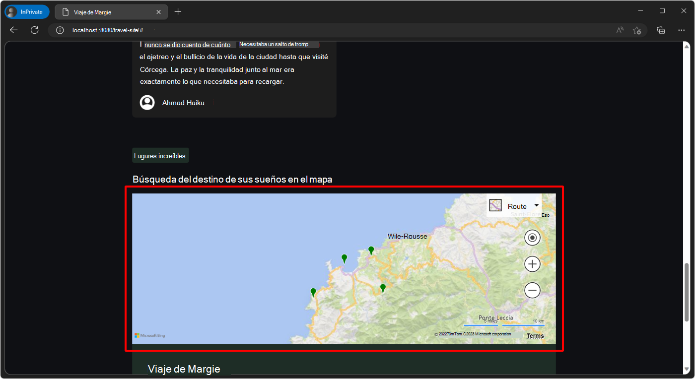Componente de mapa en el sitio web de demostración