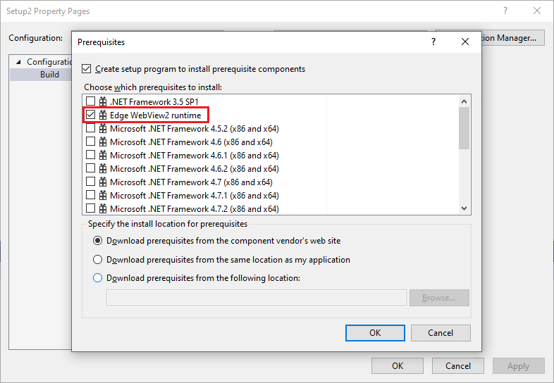 Instalador Visual Studio de implementación de WebView2: seleccionar requisito previo