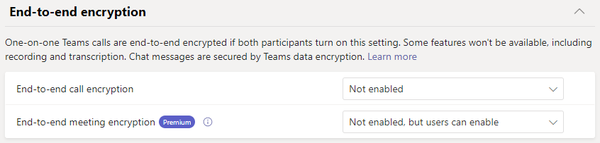 Captura de pantalla de las directivas de cifrado de un extremo a otro de Teams.