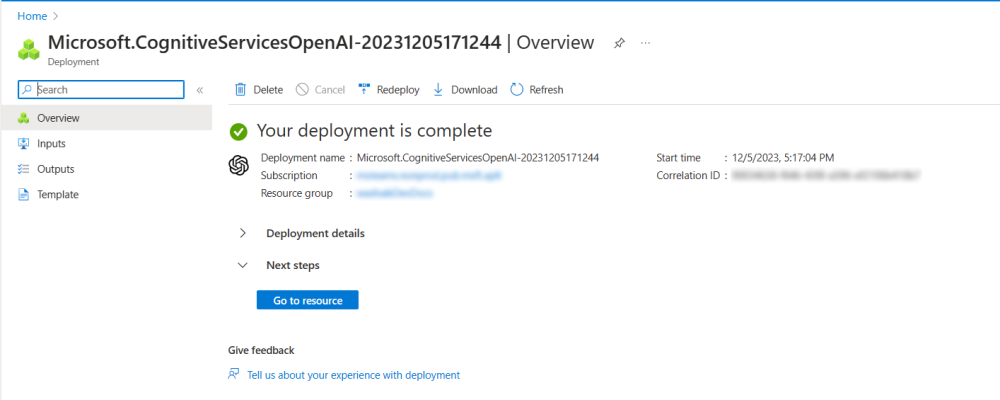Captura de pantalla que muestra la implementación del Azure OpenAI.