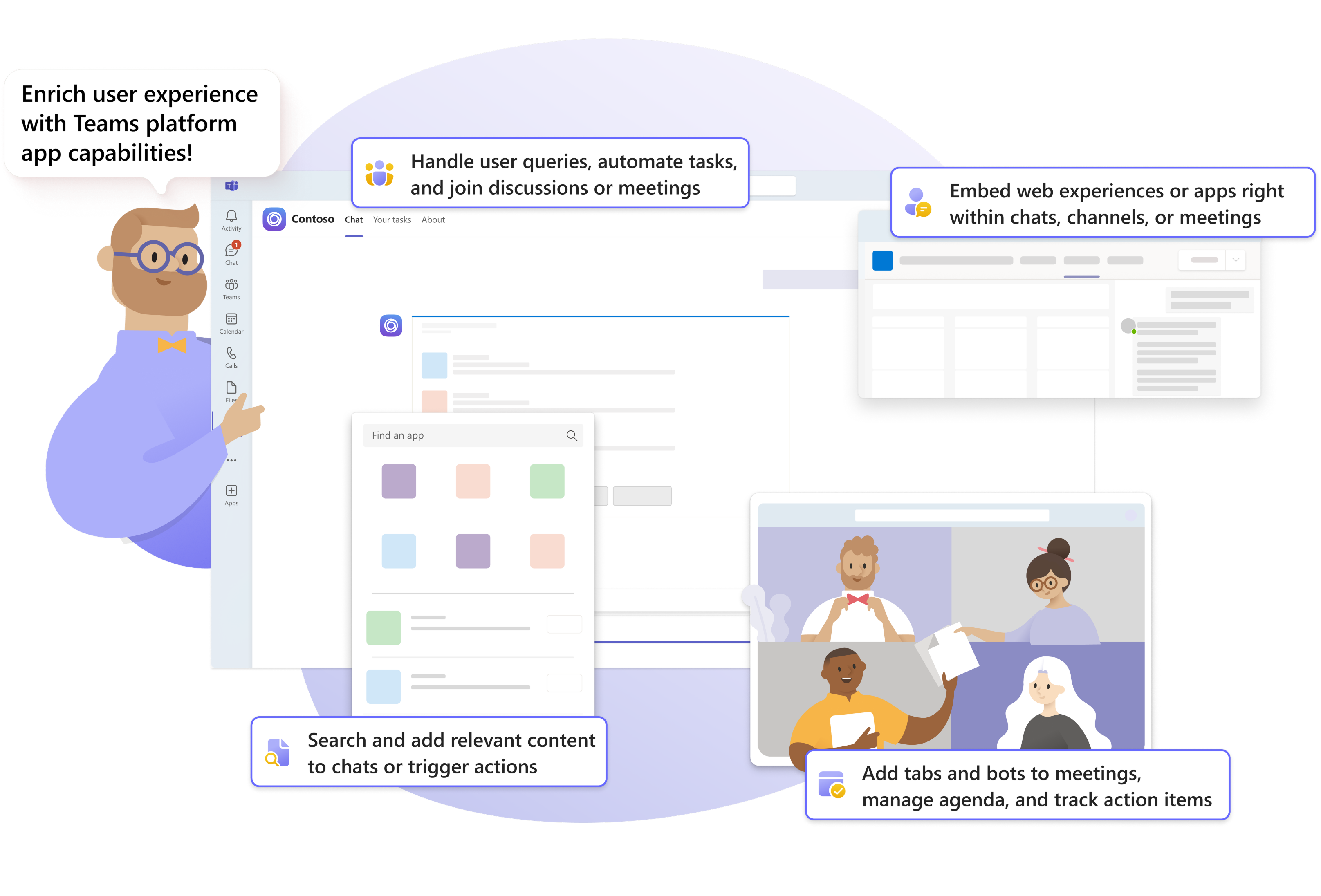 Captura de pantalla de los diferentes tipos de aplicaciones de Teams, incluidas pestañas, bots, extensiones de mensajes y aplicaciones de reuniones.
