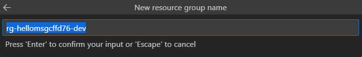 Captura de pantalla que muestra el nombre predeterminado del nuevo grupo de recursos Azure.