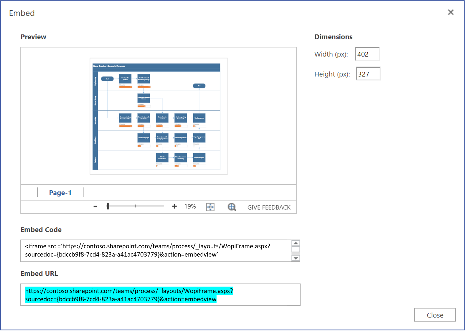 Copie la dirección URL del archivo de Visio desde el cuadro de diálogo Insertar.