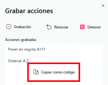 Panel de tareas de la grabadora de acciones con el botón 