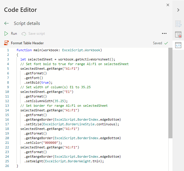 Editor de código que muestra el código de script usado en este tutorial.