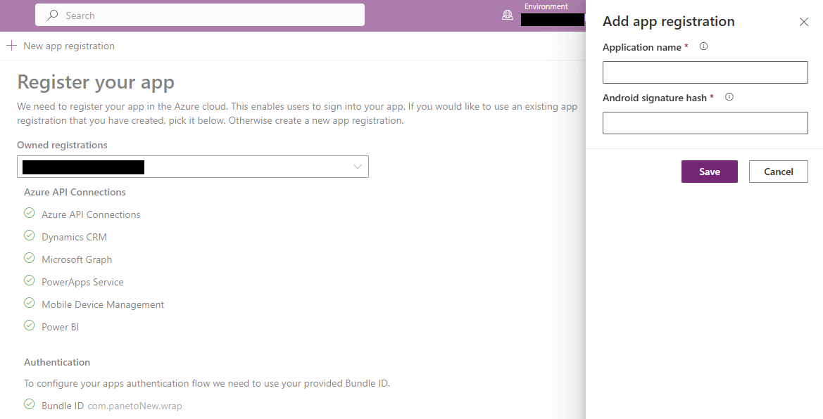 Captura de pantalla que muestra la nueva pantalla de registro de aplicaciones