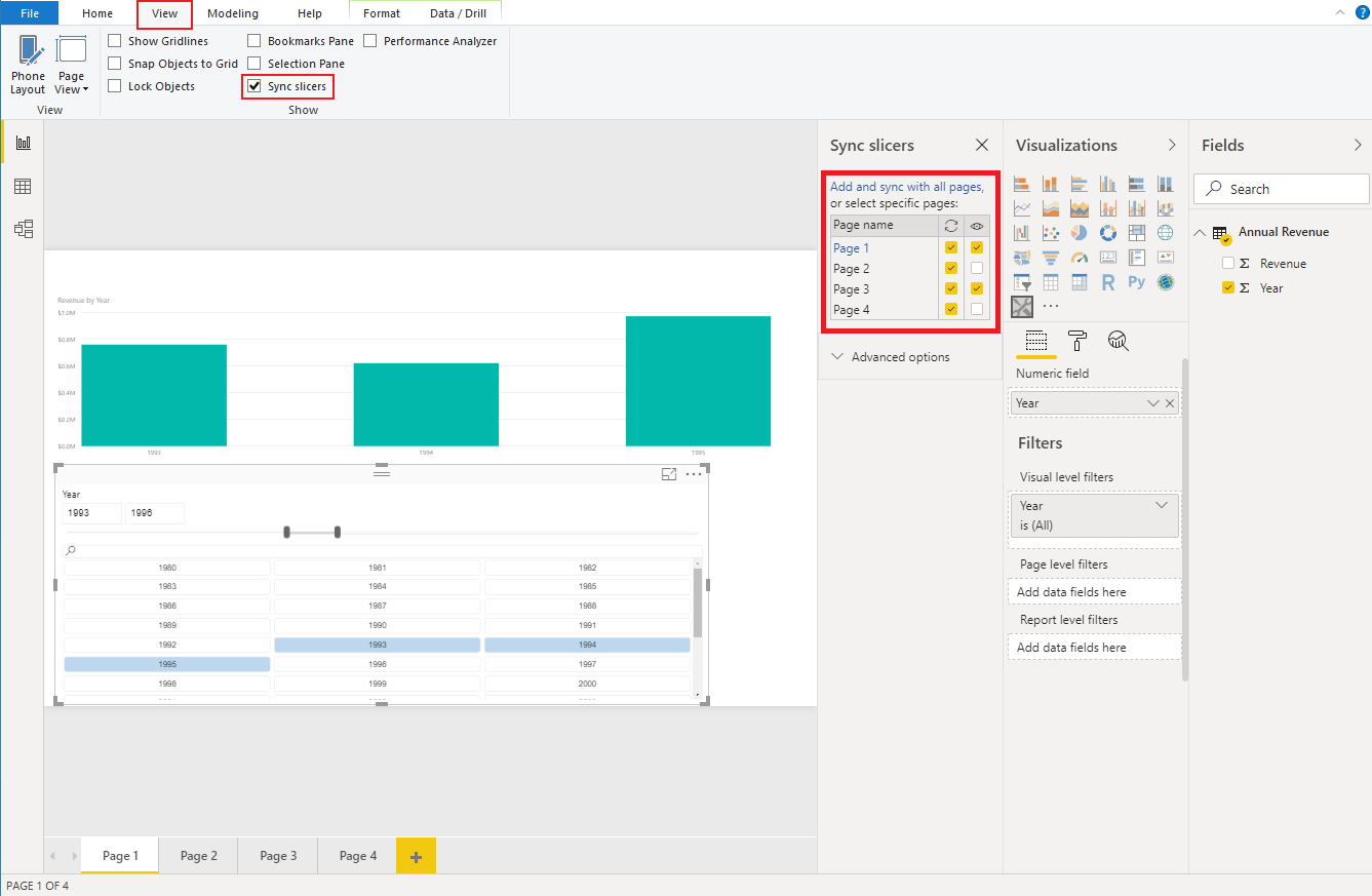 Captura de pantalla de Power&nbsp;BI Desktop, que muestra el panel Ver segmentaciones de sincronización.