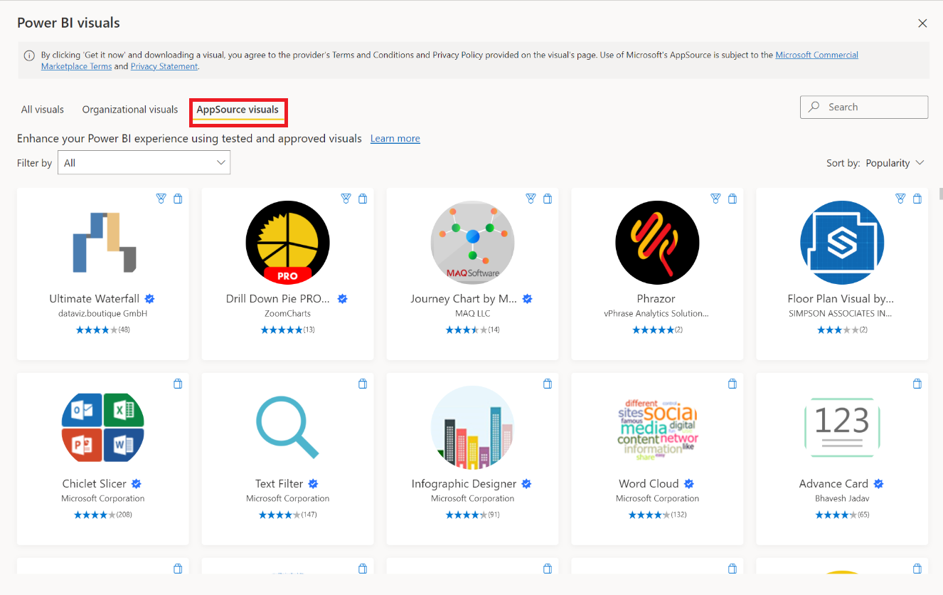 Captura de pantalla del cuadro de diálogo de objetos visuales de Power&nbsp;BI, que muestra los objetos visuales disponibles para la importación y la opción de objetos visuales de AppSource resaltada.