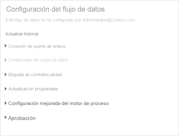Captura de pantalla de la página de Configuración de un flujo de datos después de seleccionar Configuración en la lista desplegable de flujos de datos.