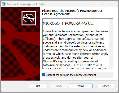Acepte los términos del contrato de licencia e instale la CLI de Power Apps
