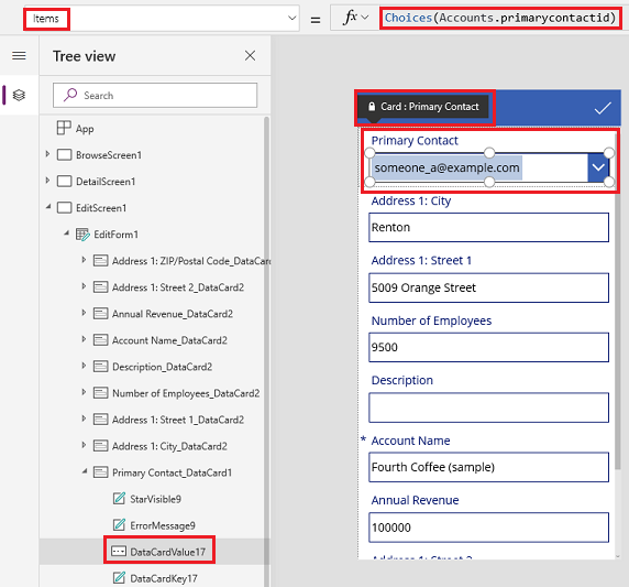 Pantalla de lienzo con un control de formulario. El control Cuadro combinado de la tarjeta Contacto principal está seleccionado y aparece la propiedad Items con la fórmula Choices( Accounts.'Primary Contact').