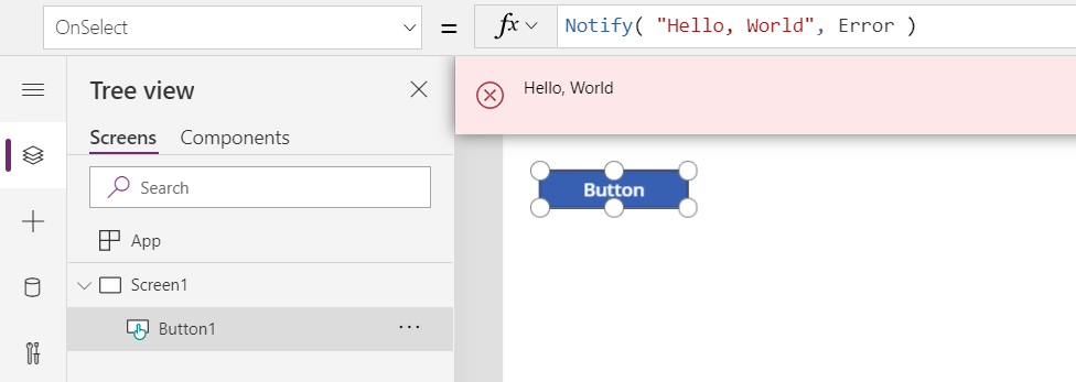 En el entorno de creación, en el que se muestra la llamada Notify a Button.OnSelect y se muestra el mensaje Hello, World resultante como mensaje de banner rojo para el usuario.
