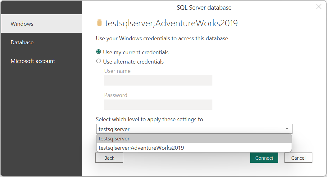 Captura de pantalla de la autenticación de base de datos de SQL Server.