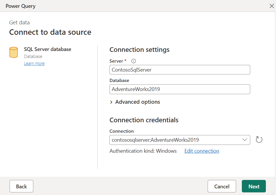 Captura de pantalla del cuadro de diálogo de configuración de conexión para la conexión a la base de datos AdventureWorks2019 en una instancia local de SQL Server.