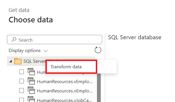 Captura de pantalla de elegir datos en los que el usuario hizo clic con el botón derecho en el nodo de base de datos en el navegador, con Transformar datos resaltados.
