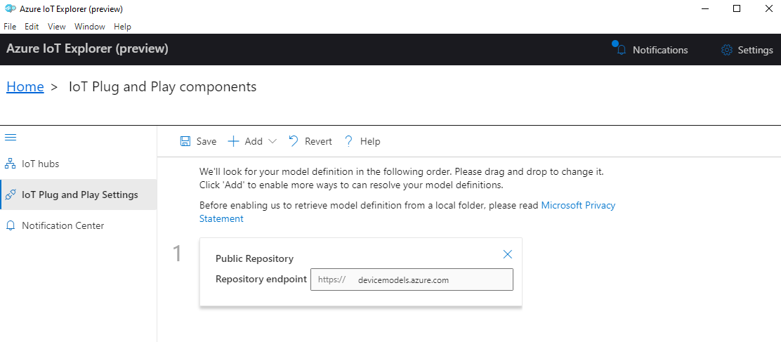 Captura de pantalla de cómo agregar el repositorio de modelos públicos en IoT Explorer