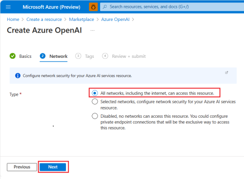 Captura de pantalla que muestra los detalles de la red Azure OpenAI.
