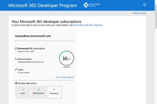 La captura de pantalla muestra el ejemplo de lo que ve después de registrarse en el programa para desarrolladores de Microsoft 365.