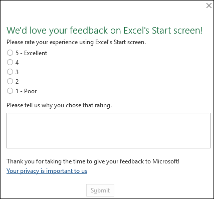 Captura de pantalla: Ejemplo de solicitud de comentarios de Excel en el producto.