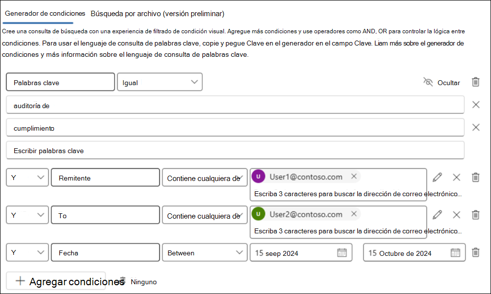 Captura de pantalla de una búsqueda del generador de condiciones con las condiciones Keywords, Sender, To y Date configuradas para una consulta de ejemplo.