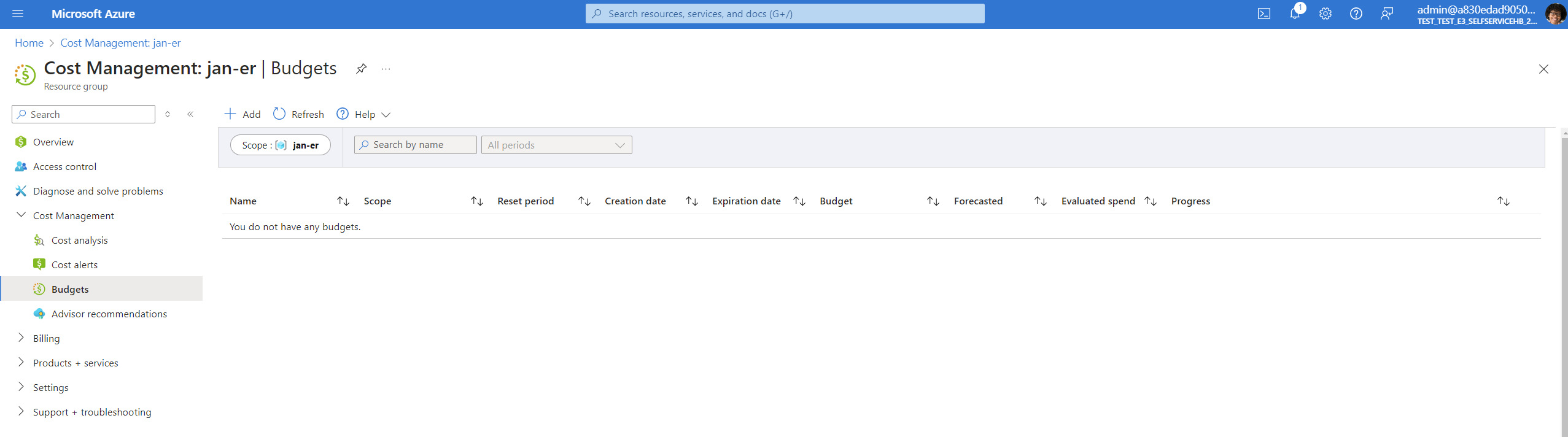 Azure página Presupuestos de Cost Management para crear un presupuesto y alertas en la suscripción vinculada.