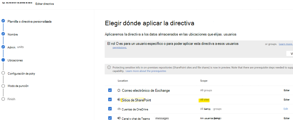 Directiva DLP de Microsoft Purview configurada para que todos los sitios incluyan todos los sitios de SharePoint y contenedores de SharePoint Embedded.