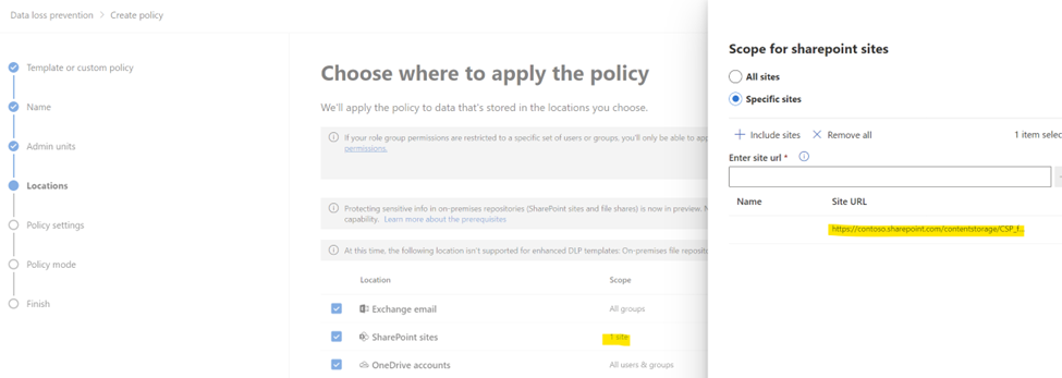 La directiva DLP de Microsoft Purview tiene como ámbito las direcciones URL de contenedor de SharePoint Embedded seleccionadas.