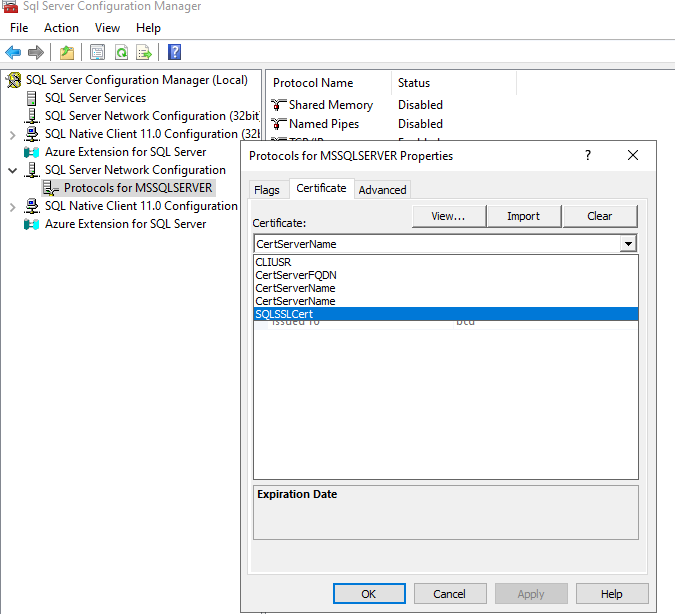 Captura de pantalla de la pestaña de certificado del cuadro de diálogo de las propiedades, en SQL Server Configuration Manager.