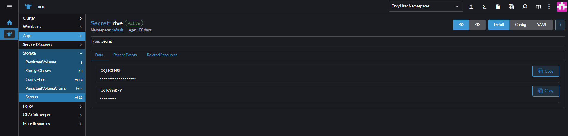 Captura de pantalla de los secretos de licencia y clave de acceso.