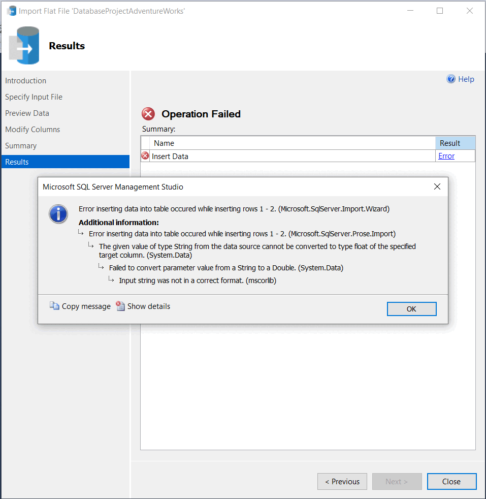 Captura de pantalla de un error en el Asistente de importación de archivos planos notificando los resultados.