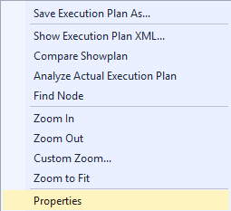 Captura de pantalla de SQL&nbsp;Server Management Studio en la que se indica dónde hacer clic con el botón derecho en Propiedades en un operador de planes.