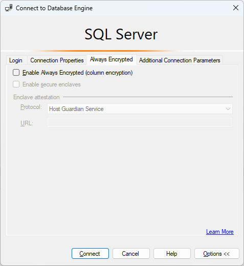 Captura de pantalla de la opción de conexión de SSMS con Always Encrypted deshabilitado.