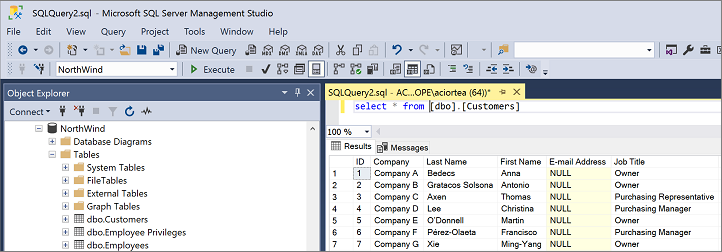 Captura de pantalla en la que se muestra la validación en SQL&nbsp;Server Management Studio.