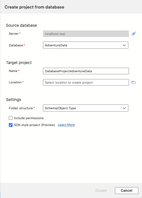 Captura de pantalla del cuadro de diálogo Crear proyecto desde base de datos en Visual Studio Code.