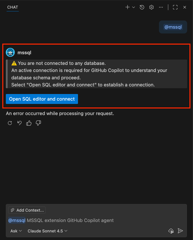 Captura de pantalla que muestra al participante del chat @mssql detectando que no hay conexión de base de datos y solicitando al usuario que se conecte.