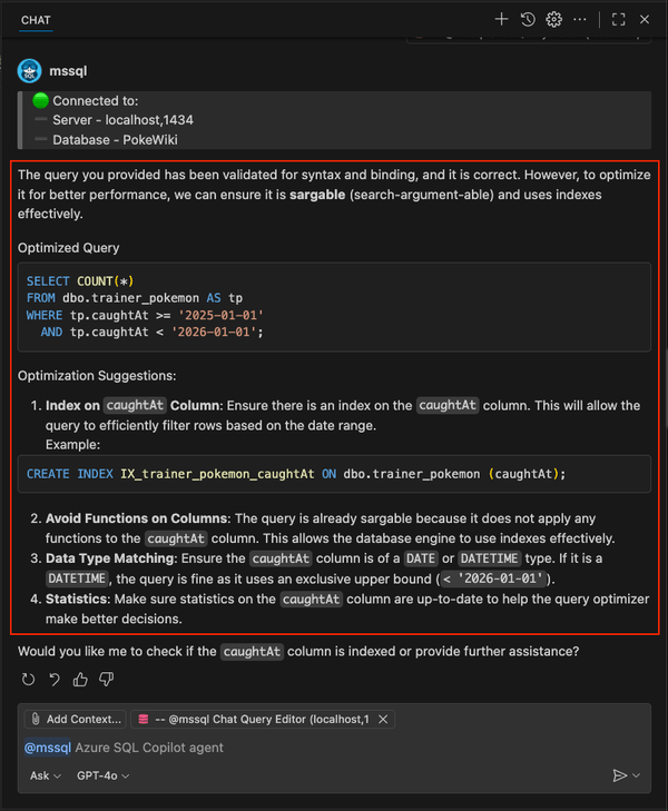 Captura de pantalla que muestra las sugerencias de optimización detalladas del comando /optimize slash y la creación de índices.