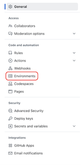 Captura de pantalla de un menú Configuración en General con secciones para Acceso, Código y automatización, Seguridad e Integraciones. La opción Entornos está resaltada.