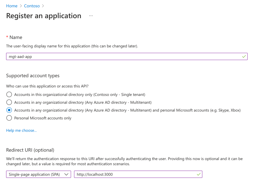 Captura de pantalla que muestra el registro de la aplicación en Microsoft Entra ID.