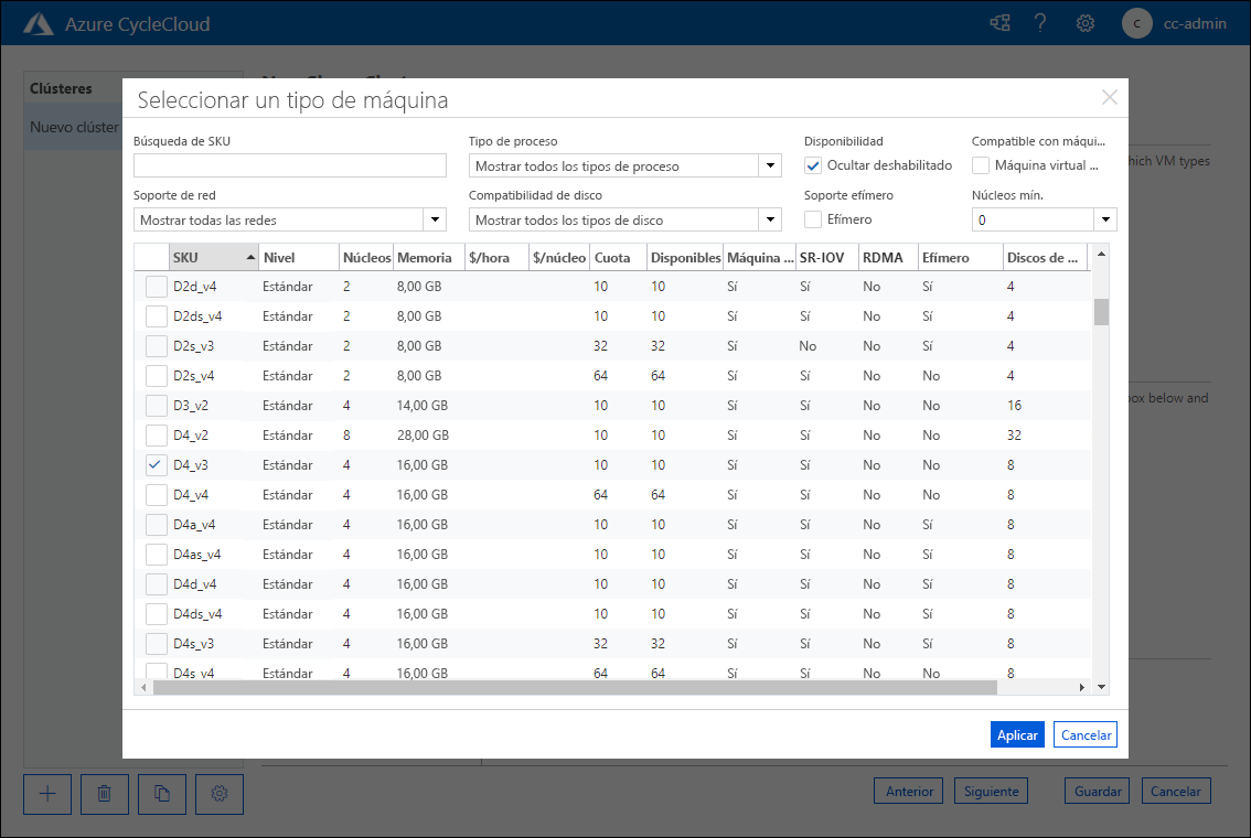 Captura de pantalla que muestra la pestaña de la ventana emergente 'Seleccionar un tipo de máquina' de la página Nuevo clúster de Slurm de la aplicación web de Azure CycleCloud.