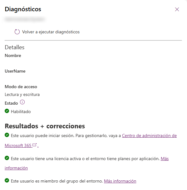 Captura de pantalla de la salida del diagnóstico de ejecución