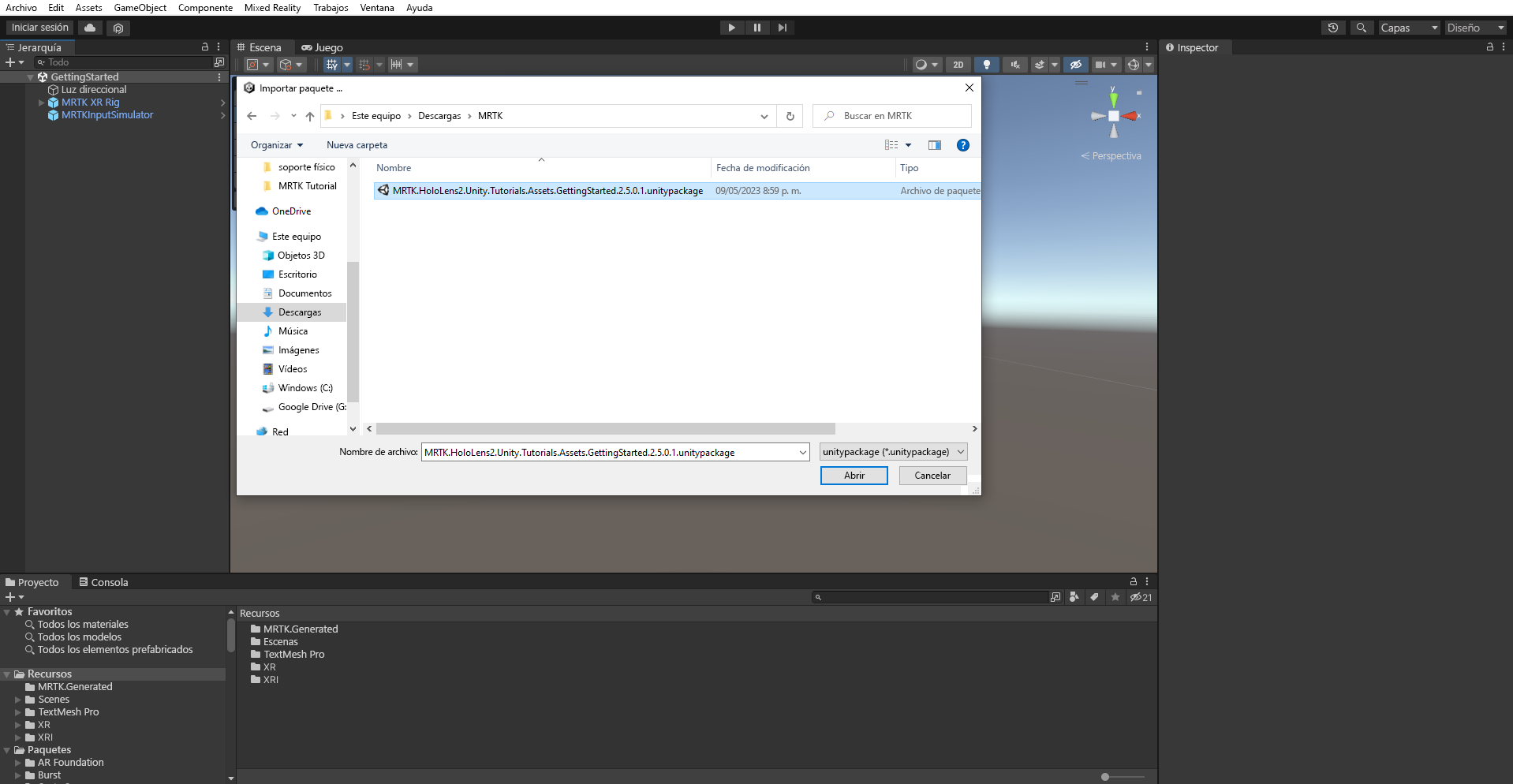 Captura de pantalla que muestra cómo importar el paquete del tutorial.