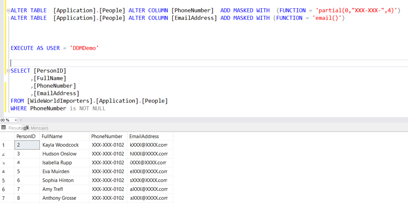 Captura de pantalla de los comandos T-SQL de enmascaramiento dinámico de datos.