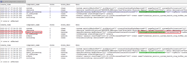 Captura de pantalla de la salida concatenada de sp_server_diagnostics que muestra los resultados de create_time y query_processing.