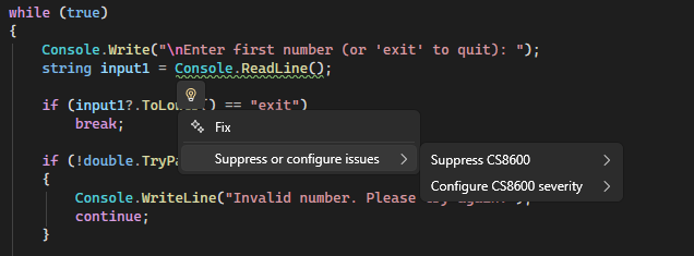 Captura de pantalla que muestra cómo configurar la gravedad de la regla desde el menú de bombilla en Visual Studio.