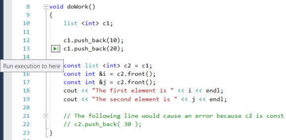 Captura de pantalla que muestra cómo usar la acción Ejecutar hasta hacer clic en el depurador de Visual Studio 2022.
