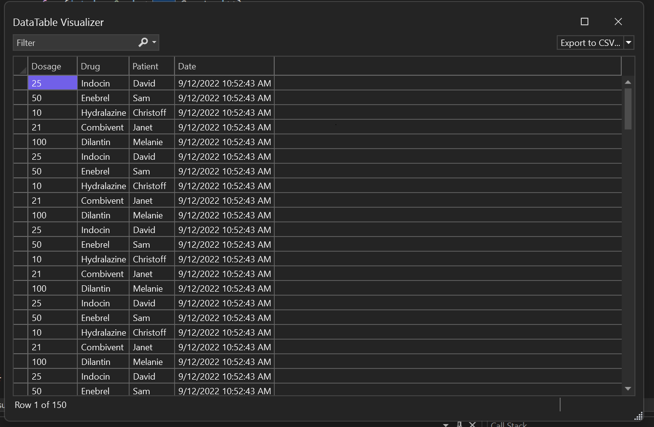 Captura de pantalla de Ver los datos del visualizador DataSet.