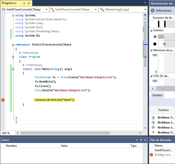 Captura de pantalla de la ventana de Código de Visual Studio. La ejecución se detiene en un punto de interrupción y la pestaña Eventos de la ventana Herramientas de diagnóstico enumera los eventos.