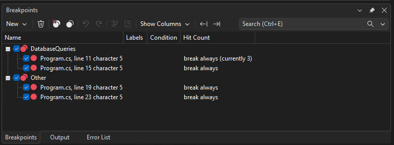 Captura de pantalla de grupos de puntos de interrupción.