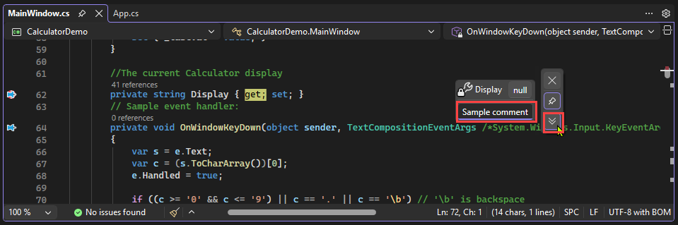 Screenshot que muestra cómo escribir comentarios en una sugerencia de datos en Visual Studio.